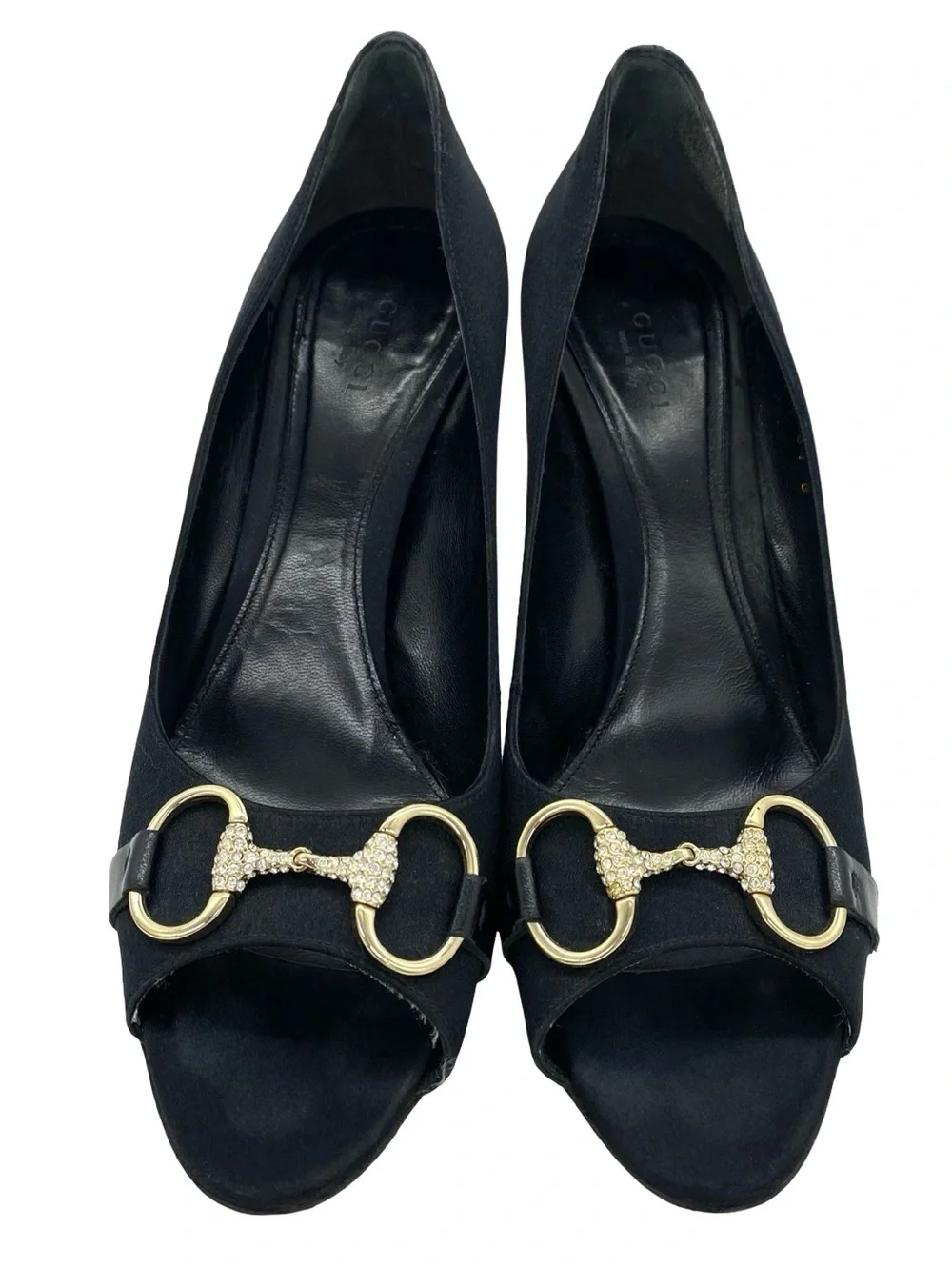 Gucci Black Satin Horsebit Peep Toe Pumps Size 8.5